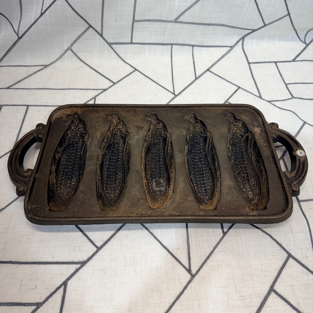 John Wright Cornbread Pan 14.5" Brown Cast Iron 5 Slot Cornhuskers Stick Mold